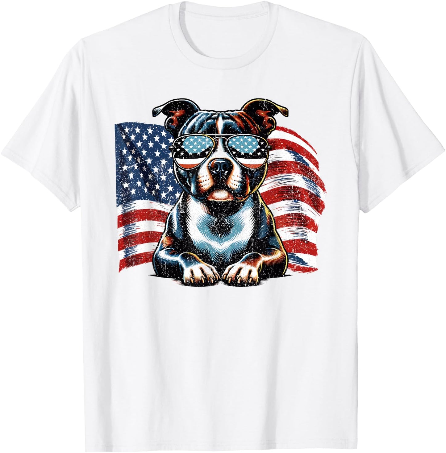 Staffordshire Bull Terrier US Flag Patriotic Freedom Vintage T-Shirt - T-Shirt | White