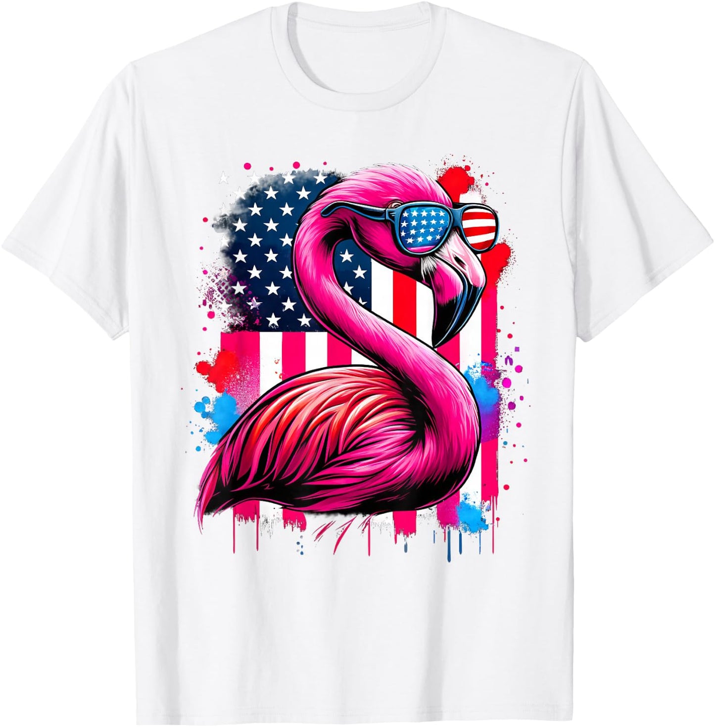 Pink Flamingo USA Flag 4th of July Sunglasses Patriotic T-Shirt - T-Shirt | White