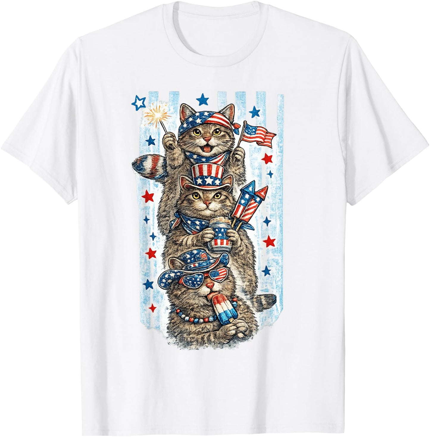 Funny USA Party Cats Vintage Patriotic Animal Fireworks T-Shirt - T-Shirt | White