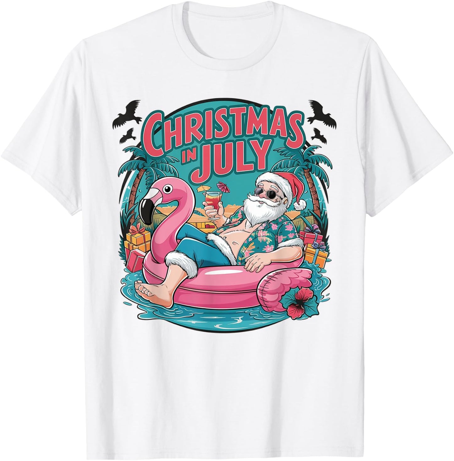 Funny Santa Flamingo Christmas In July Summer Xmas Women Kid T-Shirt - T-Shirt | White