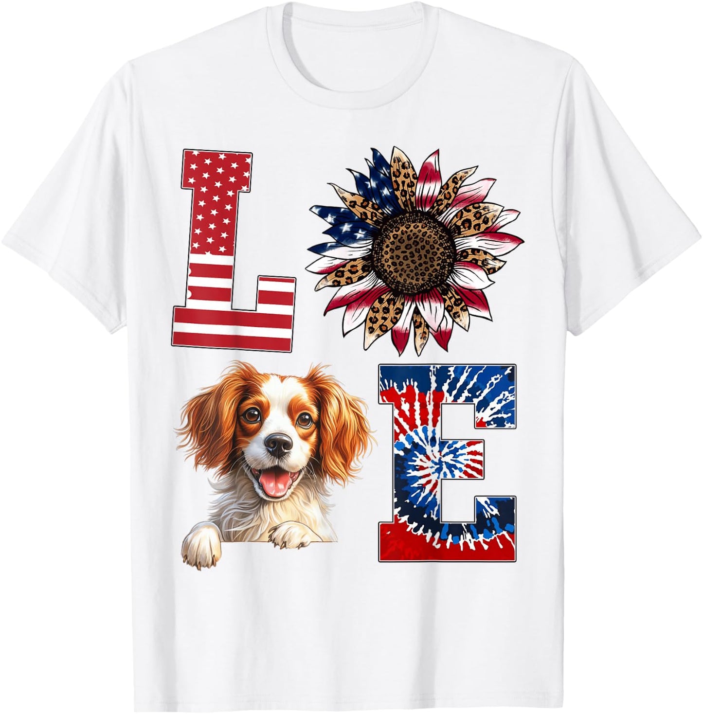 Love Brittany Spaniel Dog American Flag 4th of July T-Shirt - T-Shirt | White