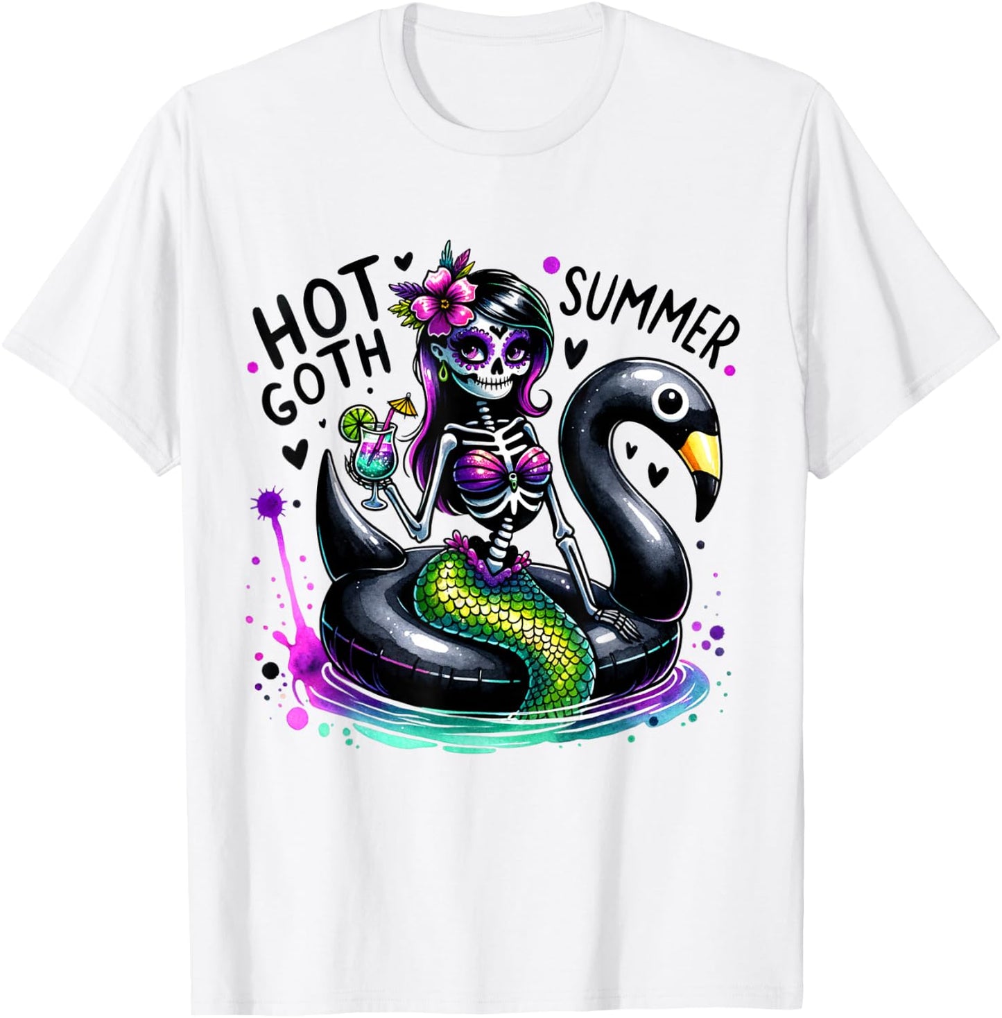 Goth Ghoul Summer Mermaid Skeleton Summerween Pool Party T-Shirt - T-Shirt | White
