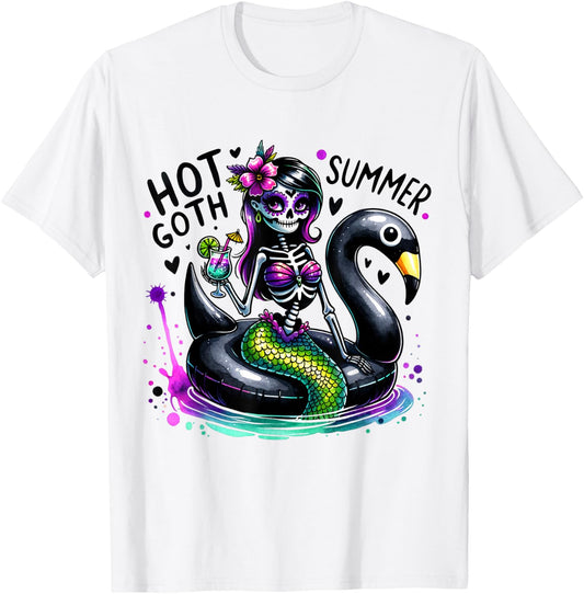 Goth Ghoul Summer Mermaid Skeleton Summerween Pool Party T-Shirt - T-Shirt | White