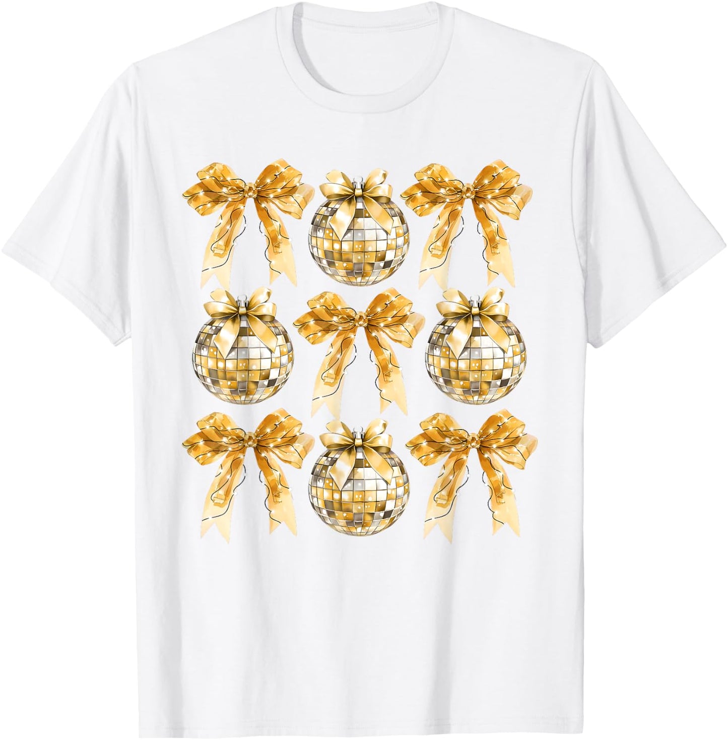 Gold Coquette Bow Disco Ball Retro New Years Eve Hello 2025 T-Shirt - T-Shirt | White