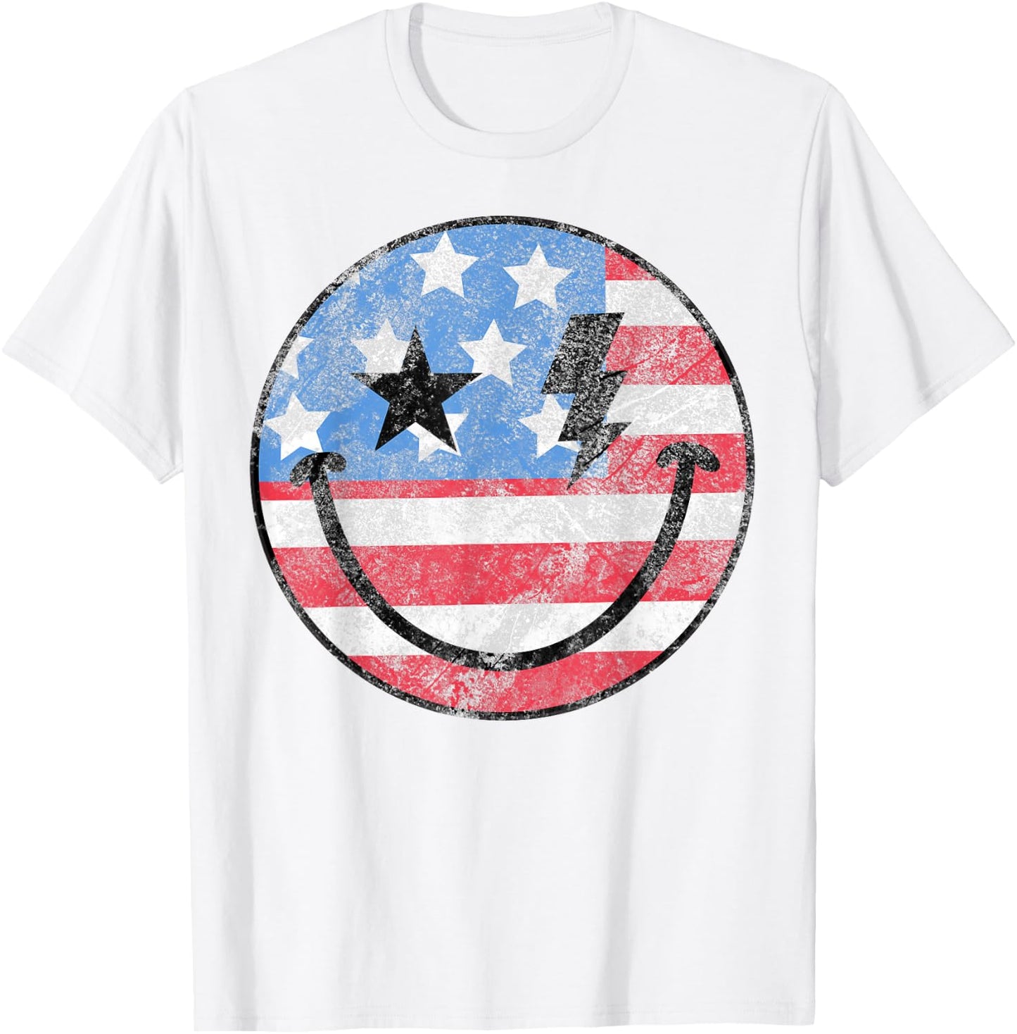 Happy 4th Of July Groovy Smile Face Red White Blue USA Flag T-Shirt - T-Shirt | White