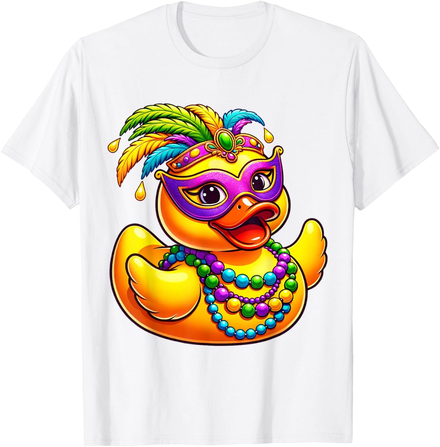 Mardi Gras Duck Wearing Mardi Gras Costume Beads Mask T-Shirt - T-Shirt | White