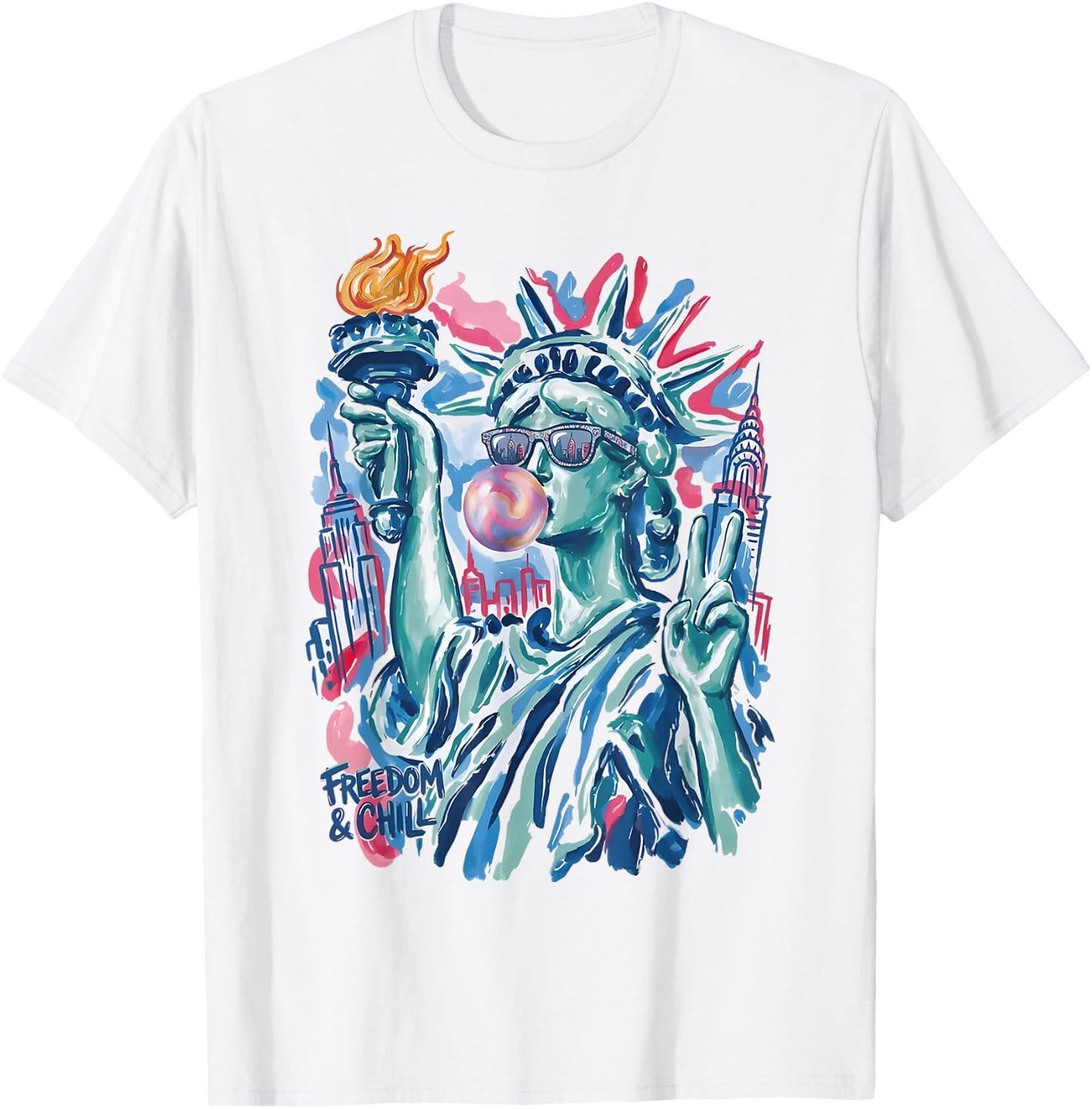 Preppy Statue of Liberty Blowing Bubble Gum 4th of July T-Shirt - T-Shirt | White