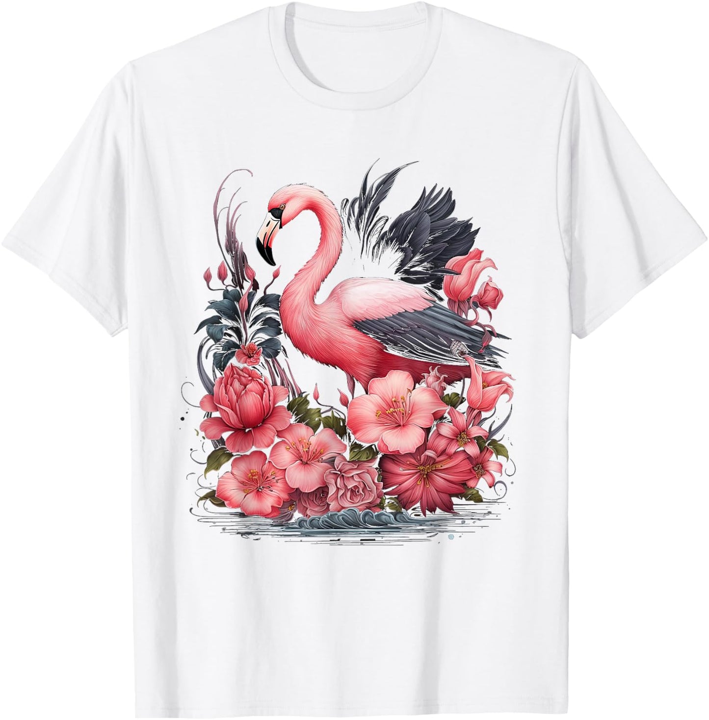 Flamingo and Flowers Floral Flamingos pink T-Shirt - T-Shirt | White