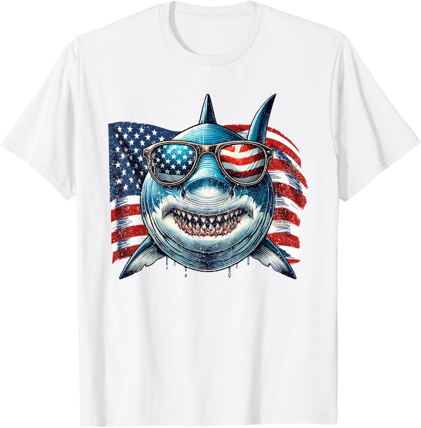 Vintage Shark Lovers US Flag Animals Patriotic Sunglasses T-Shirt - T-Shirt | White