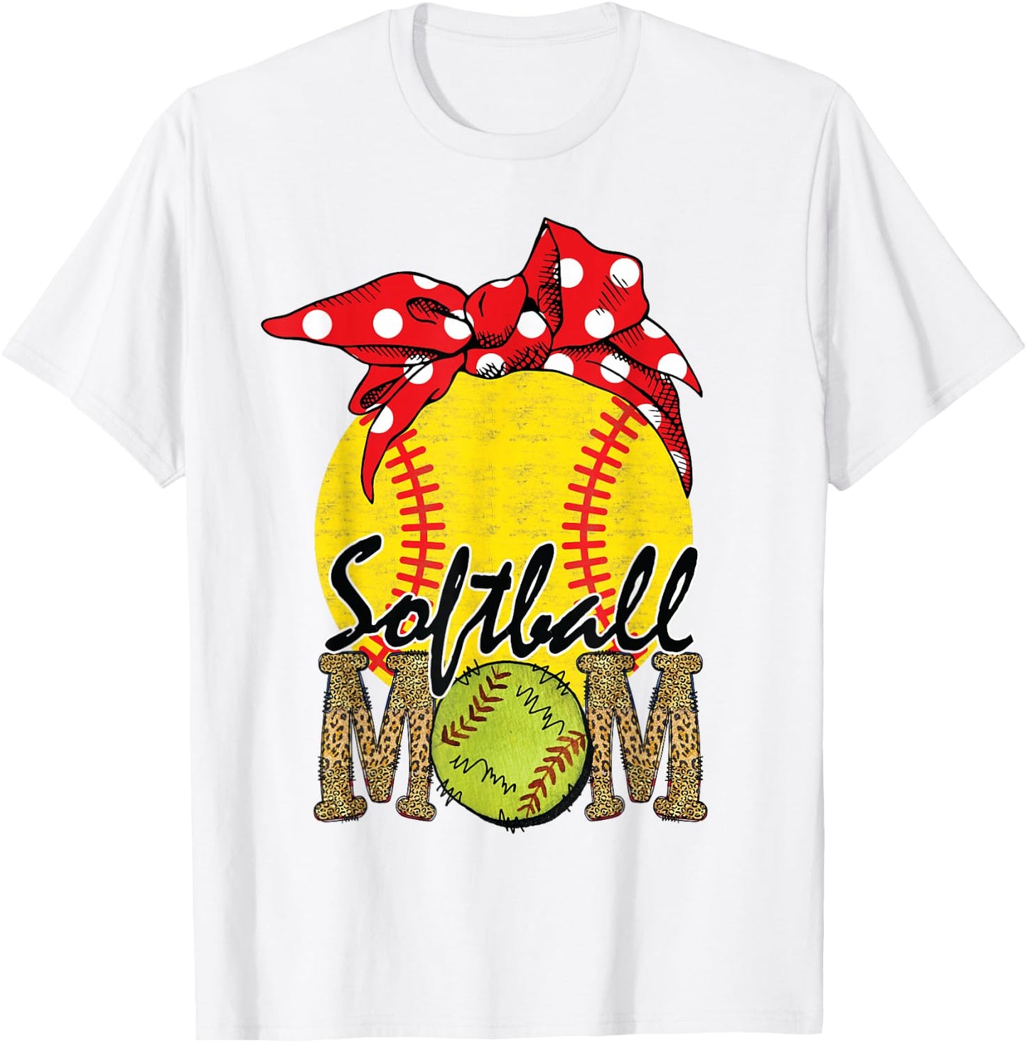 Softball Mom Messy Bun Leopard Softball Mothers Day T-Shirt - T-Shirt | White