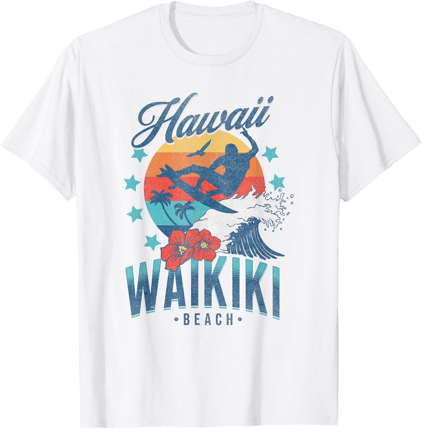 Waikiki Beach Hawaii Surfing Vintage Hawaiian Retro Surf T-Shirt - T-Shirt | White