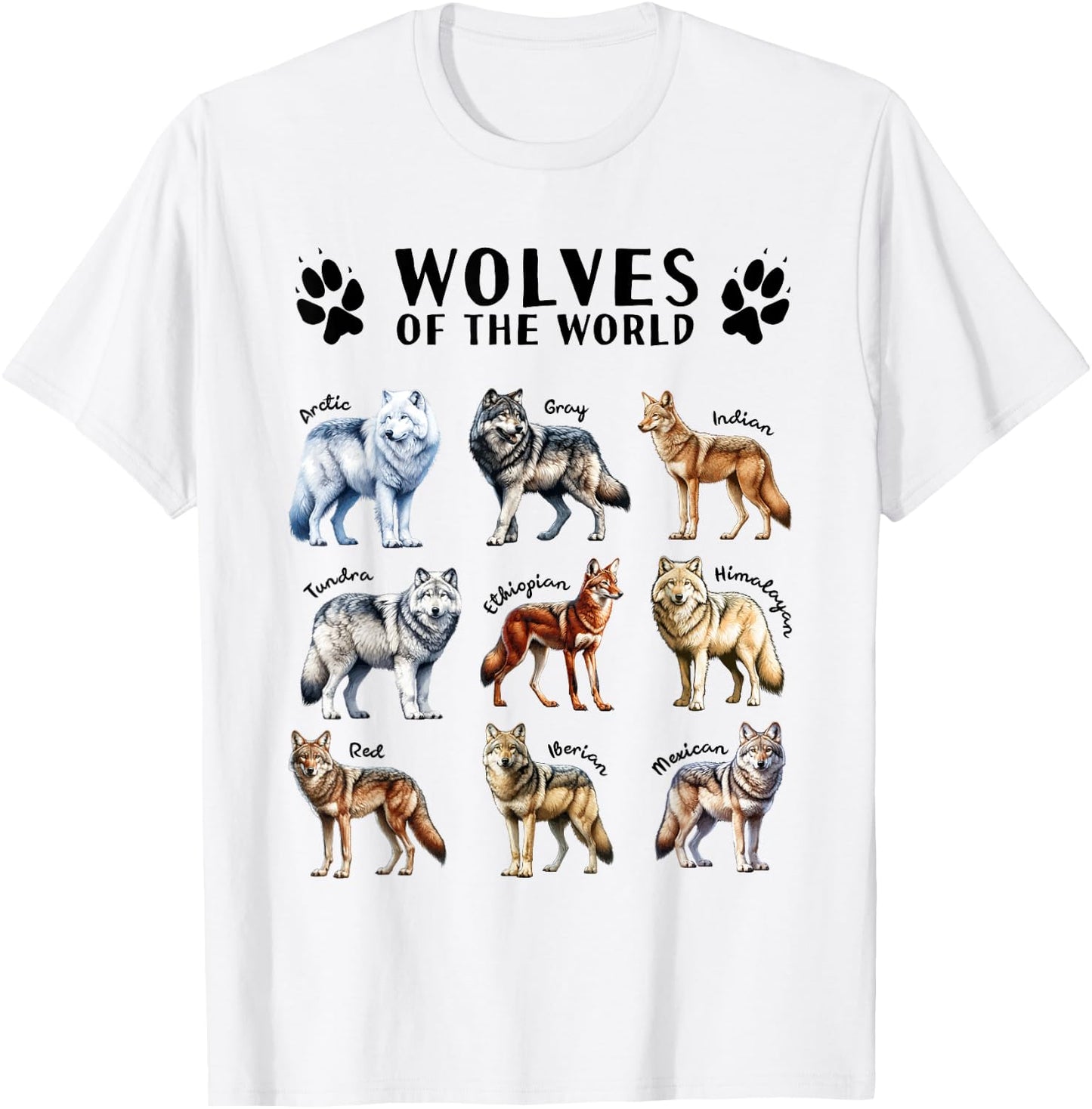 Wolves of the World Educational Collection Wolf Types Animal T-Shirt - T-Shirt | White