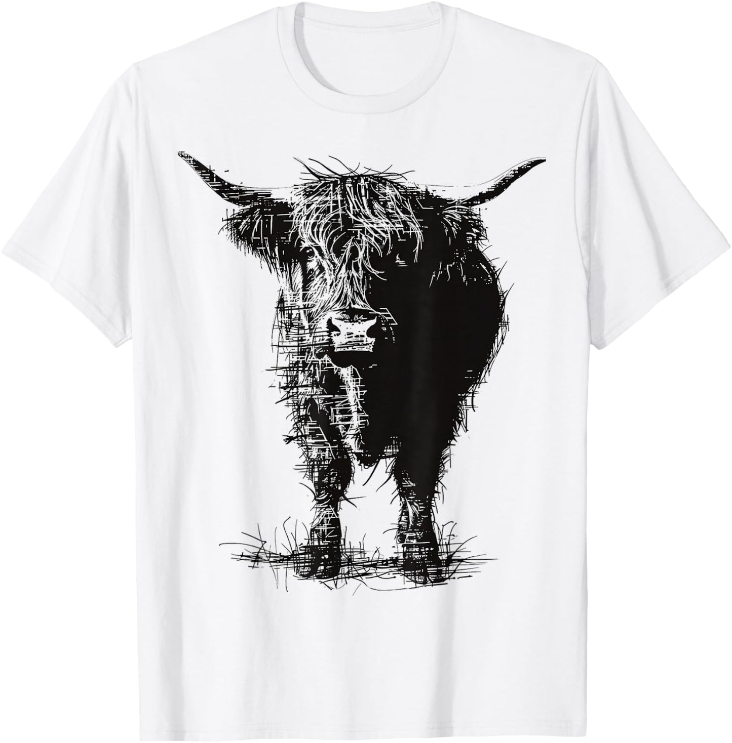 Highland Cow Motif Abstract Drawing Animal Art Highland Cow T-Shirt - T-Shirt | White