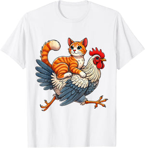 Funny Cat Riding a Chicken Whimsical Cat and Chicken Duo T-Shirt - T-Shirt | White