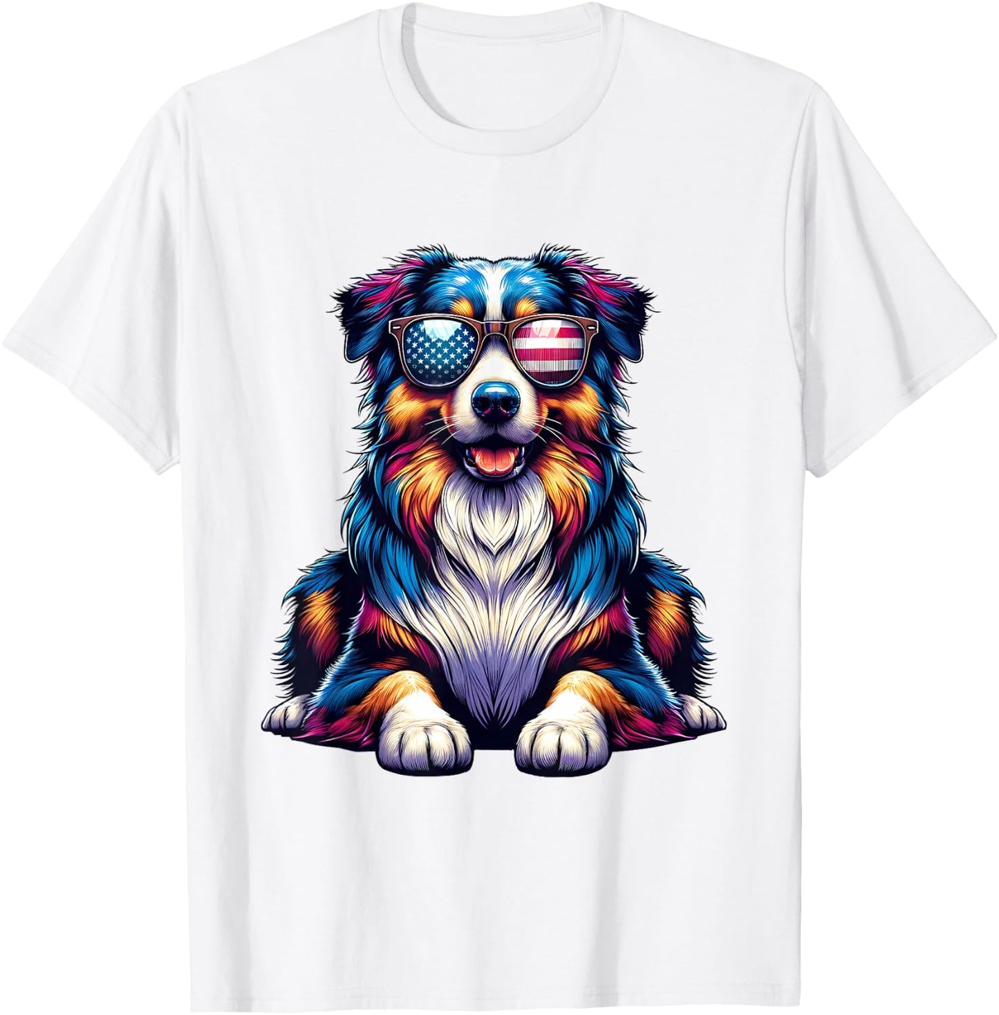 American Flag Awesome Australian Shepherd Dog 4th Of July T-Shirt - T-Shirt | White