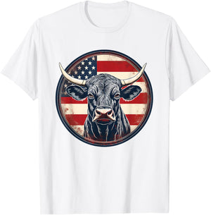 Bull American Flag Rodeo Distressed Cowboy Red Western T-Shirt - T-Shirt | White