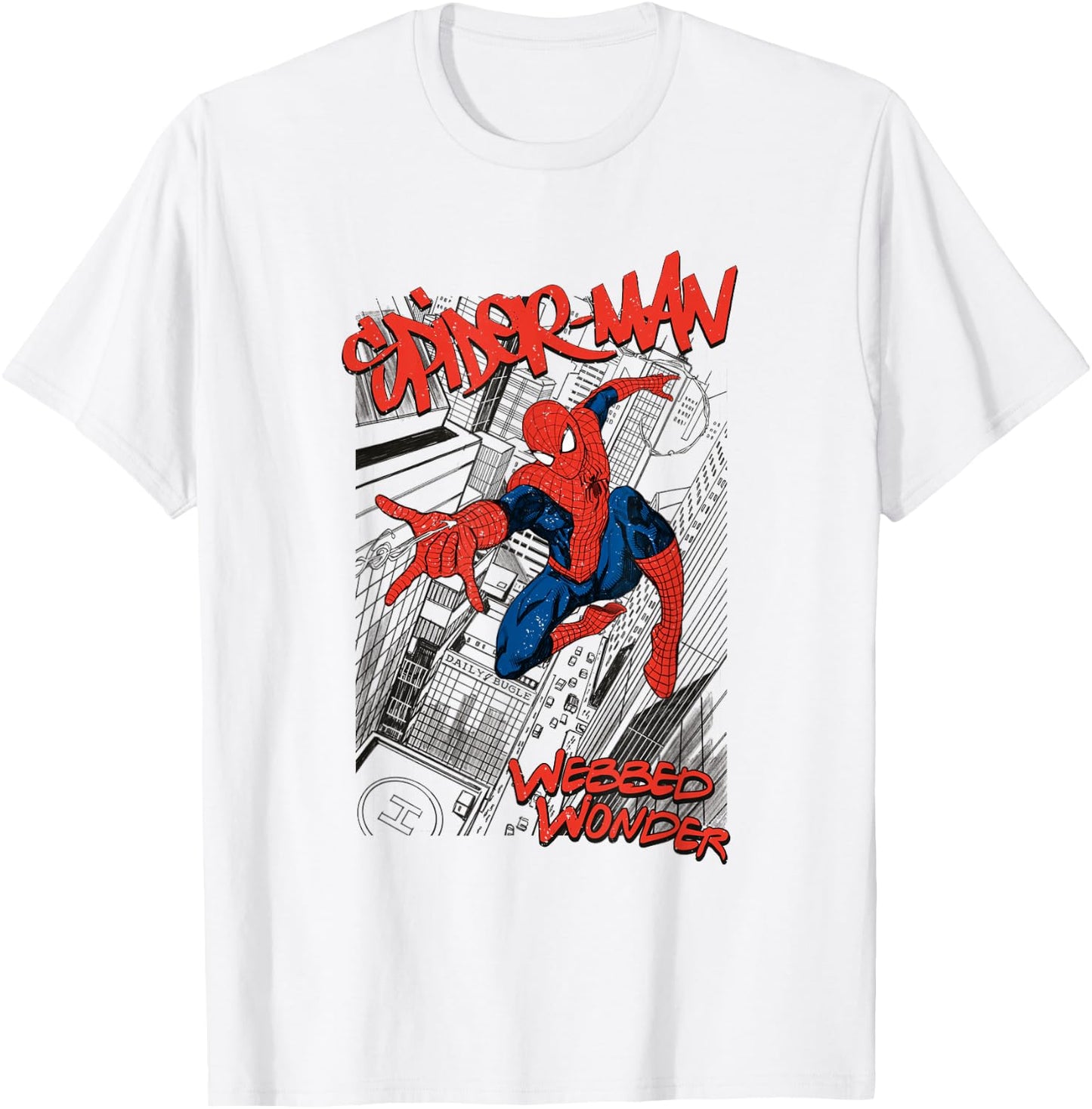 Marvel Spiderman Sketch City White Cartoon Short Sleeve S Adult Spiderman Fans T-Shirt - T-Shirt | White
