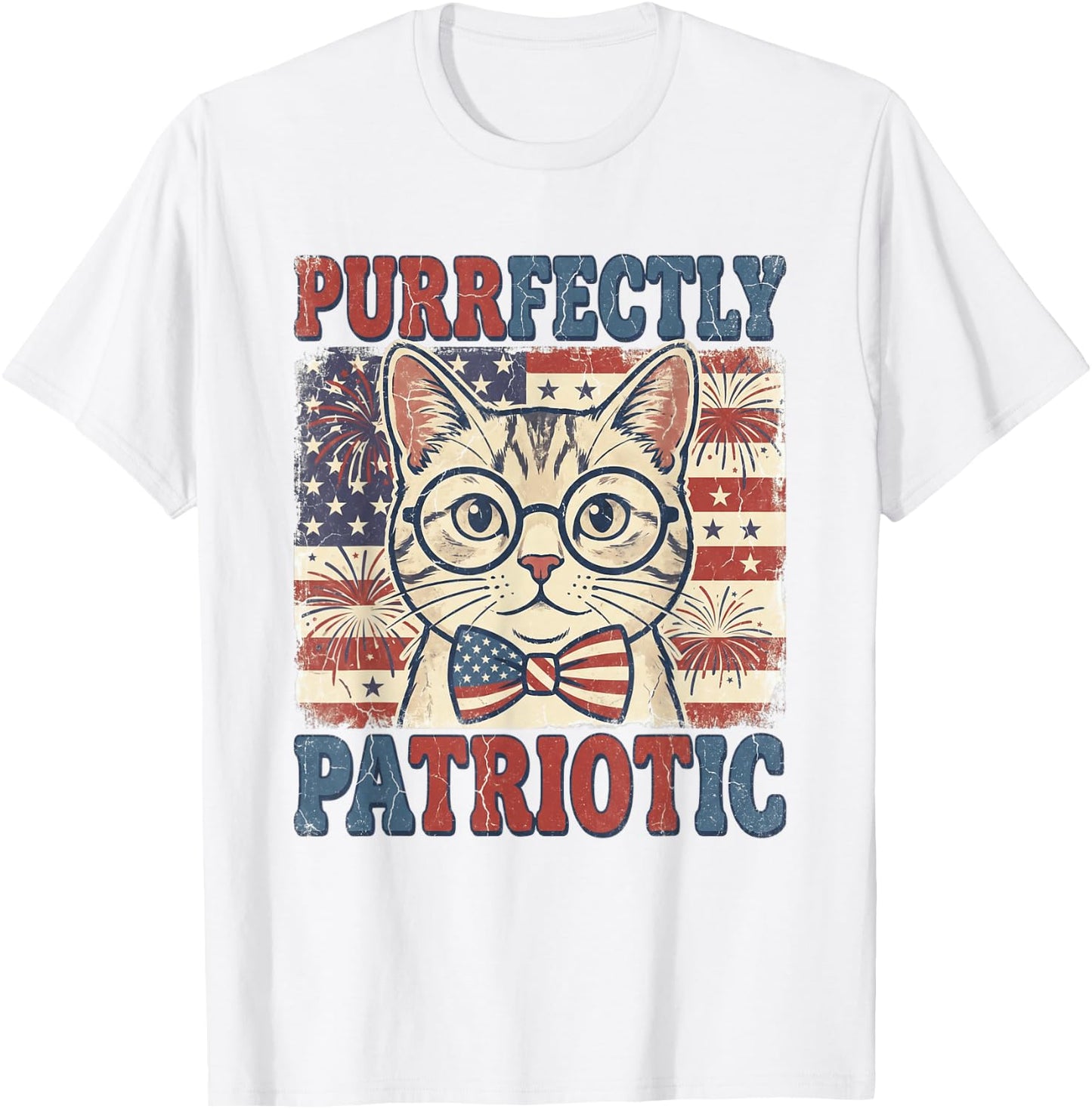 Purrfectly Patriotic Cat Vintage 4th of July Graphic T-Shirt - T-Shirt | White