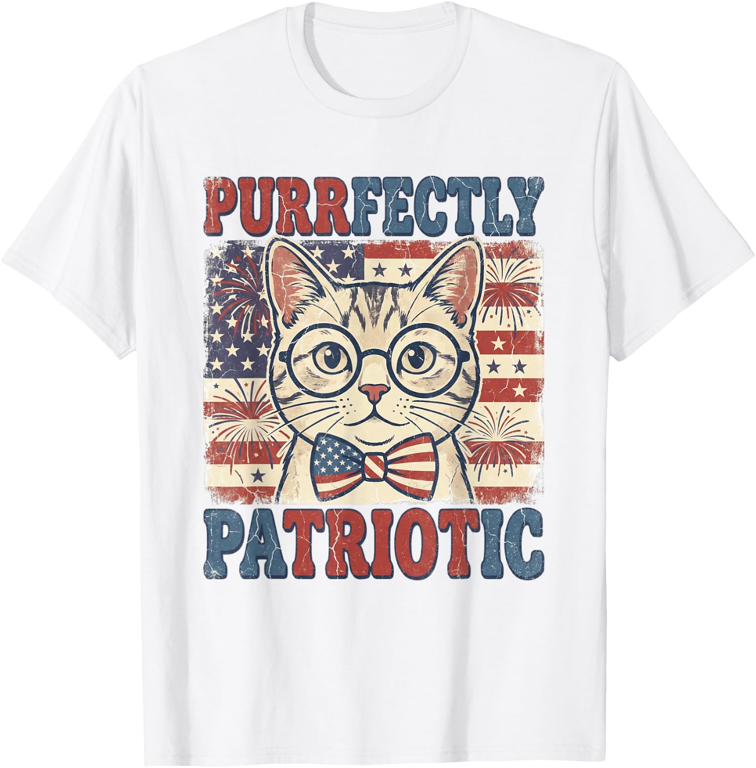 Purrfectly Patriotic Cat Vintage 4th of July Graphic T-Shirt - T-Shirt | White