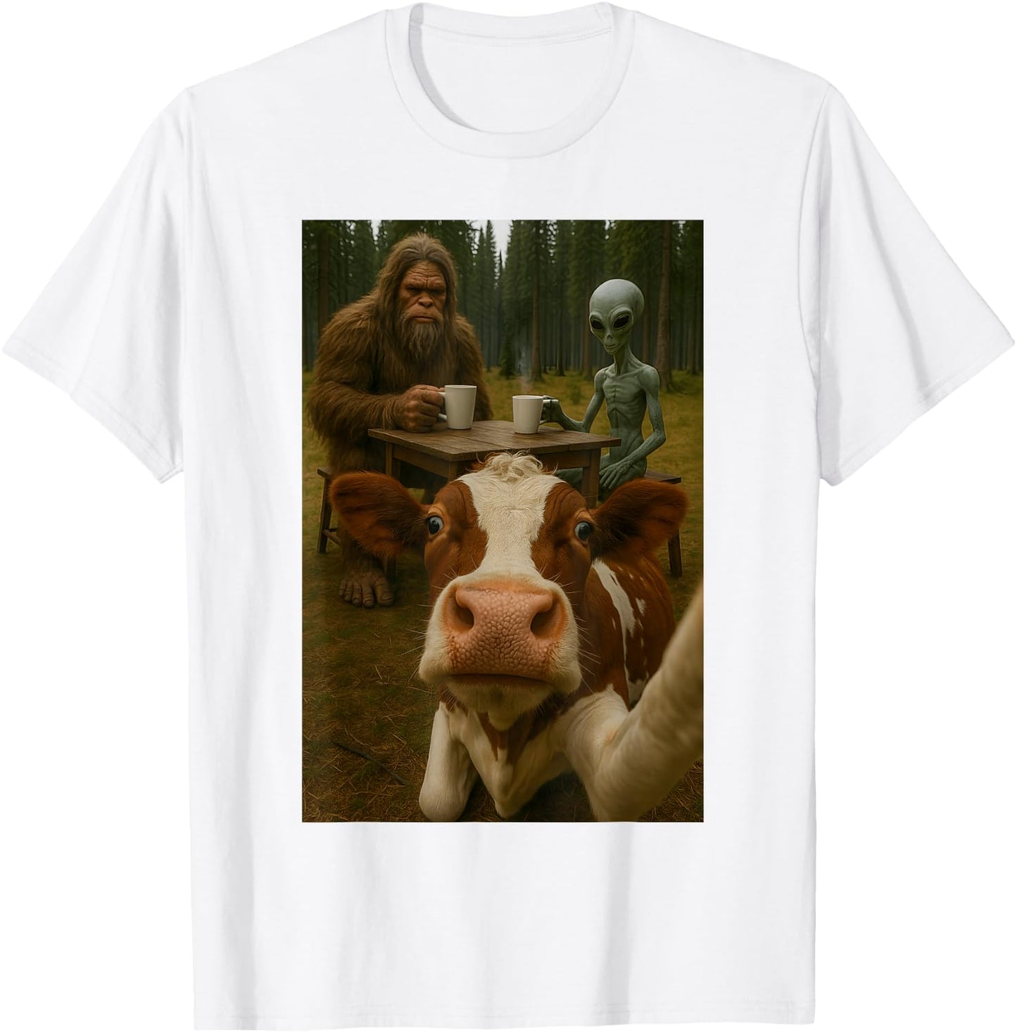Cow Selfie With Bigfoot Alien T-Shirt - T-Shirt | White