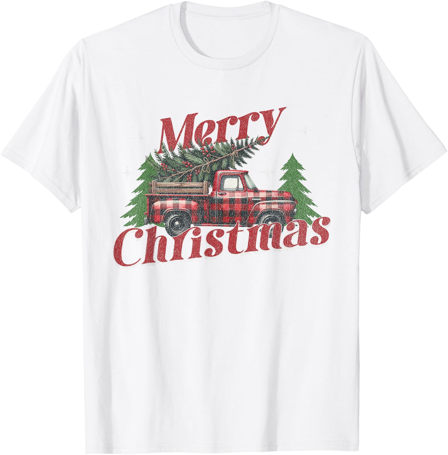 Merry Christmas Truck Buffalo Plaid Xmas Red Truck Christmas T-Shirt - T-Shirt | White