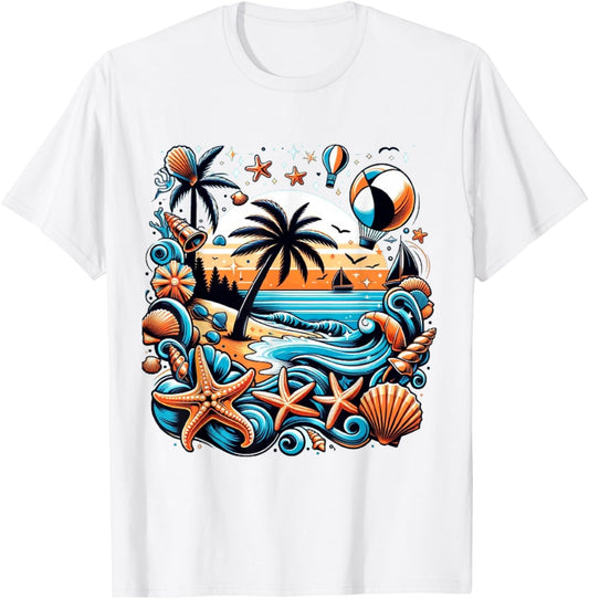 Ocean Themed Blue Starfish and Shells Women's , white, S T-Shirt - T-Shirt | White