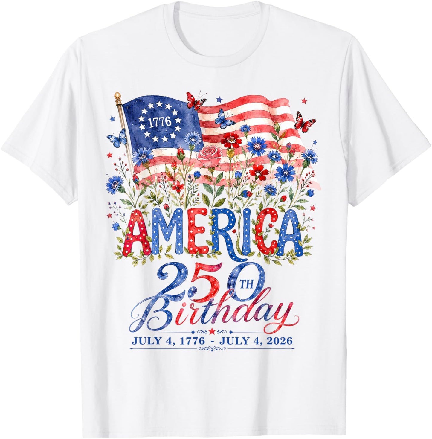 USA 250 Years America Floral Birthday Patriotic 4th of July T-Shirt - T-Shirt | White