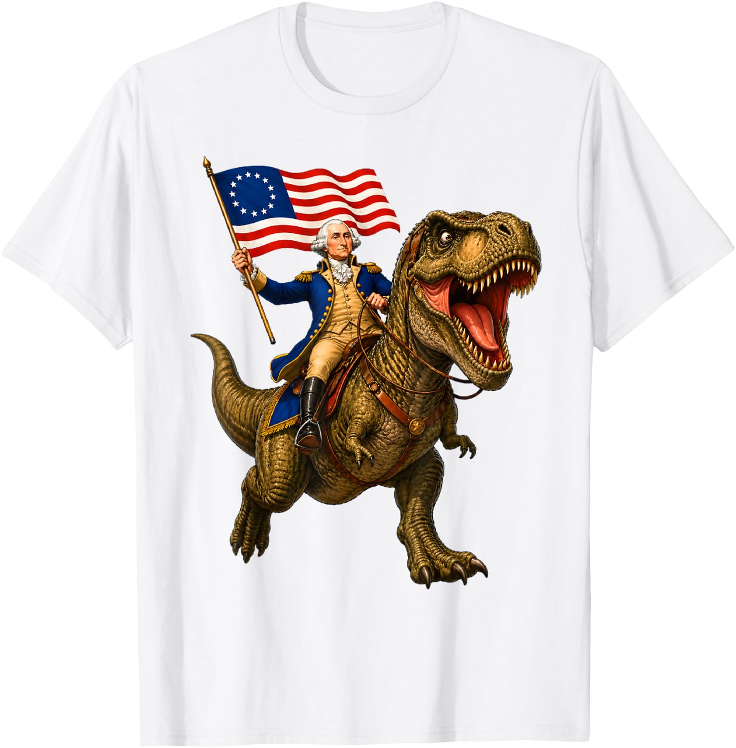 George Washington Riding a Dinosaur T-Shirt - T-Shirt | White