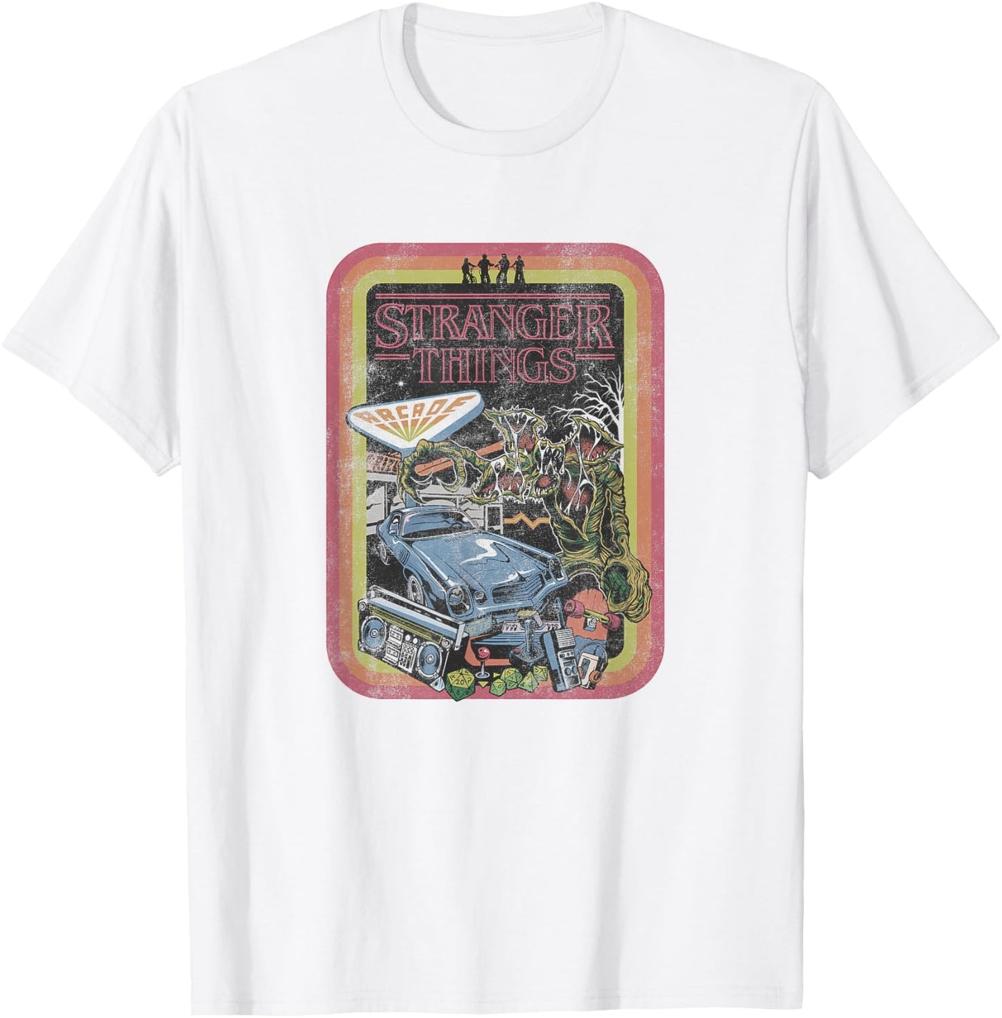 Stranger Things Retro Stripe The Party vs Hawkins Collage T-Shirt - T-Shirt | White