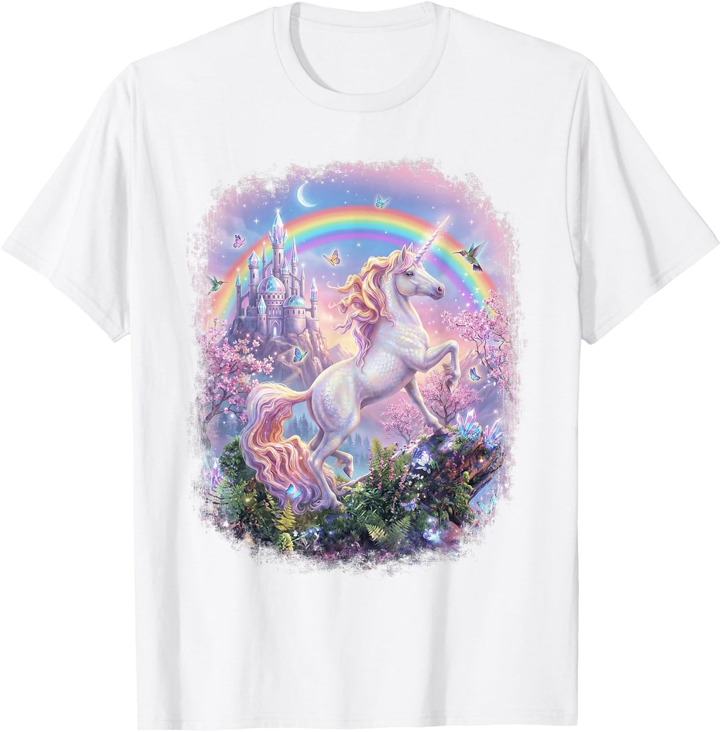 Unicorn Rainbow Castle Magical Graphic Girls T-Shirt - T-Shirt | White