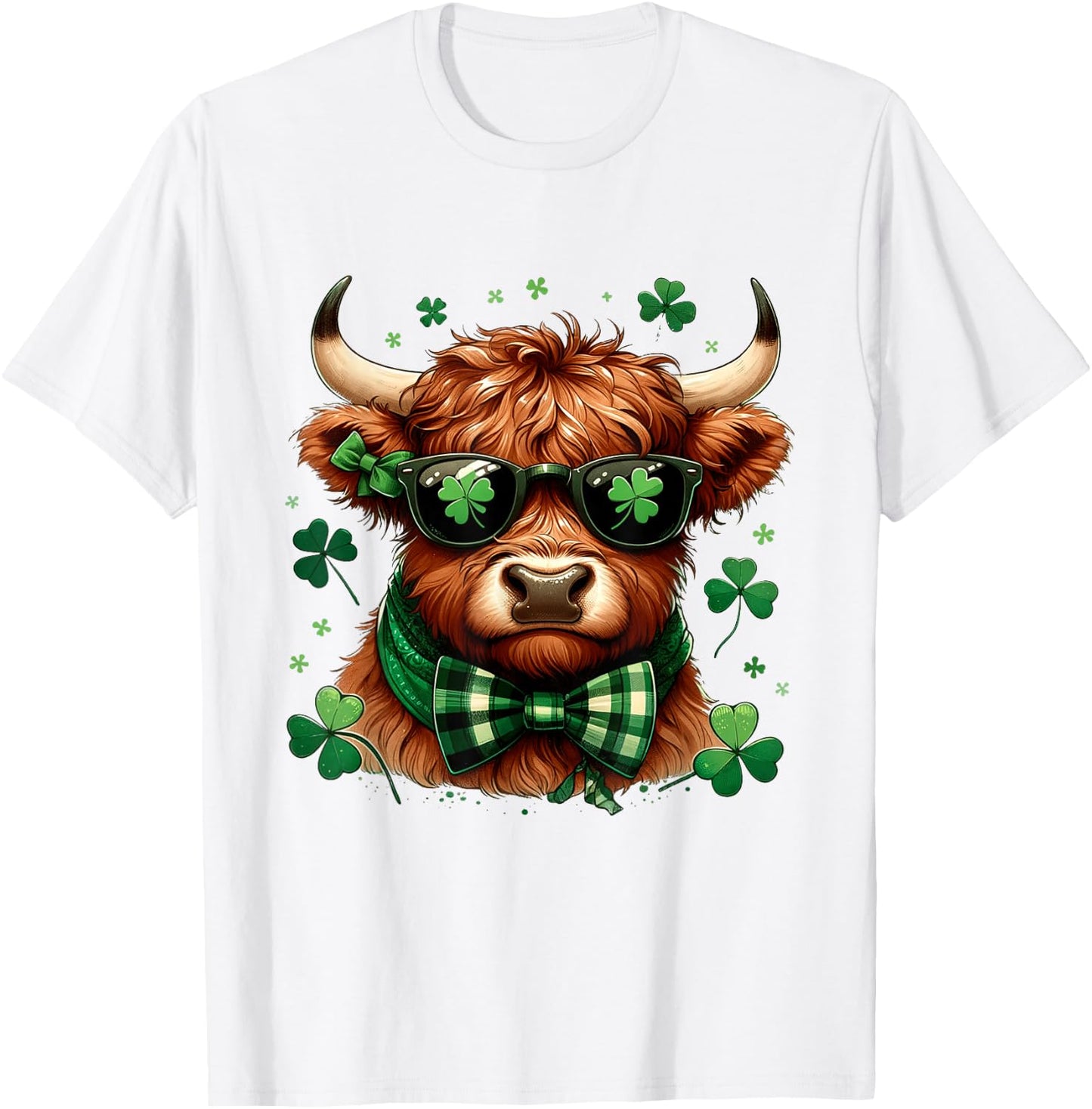 Highland Cow St Patricks Day Lucky Shamrock Men Women Kids T-Shirt - T-Shirt | White