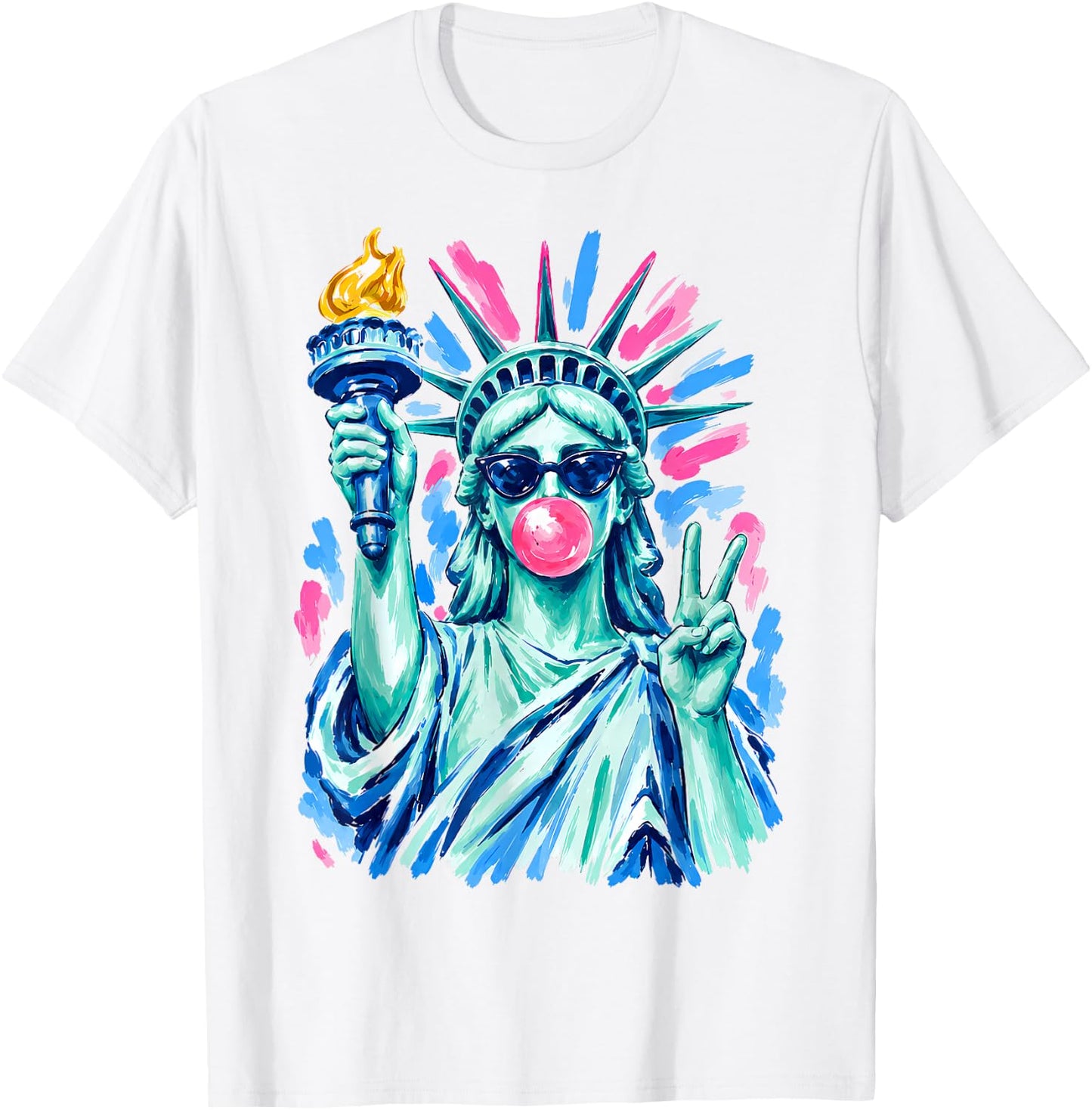 Statue of Liberty Sunglasses Blowing Bubblegum 4th of July T-Shirt - T-Shirt | White