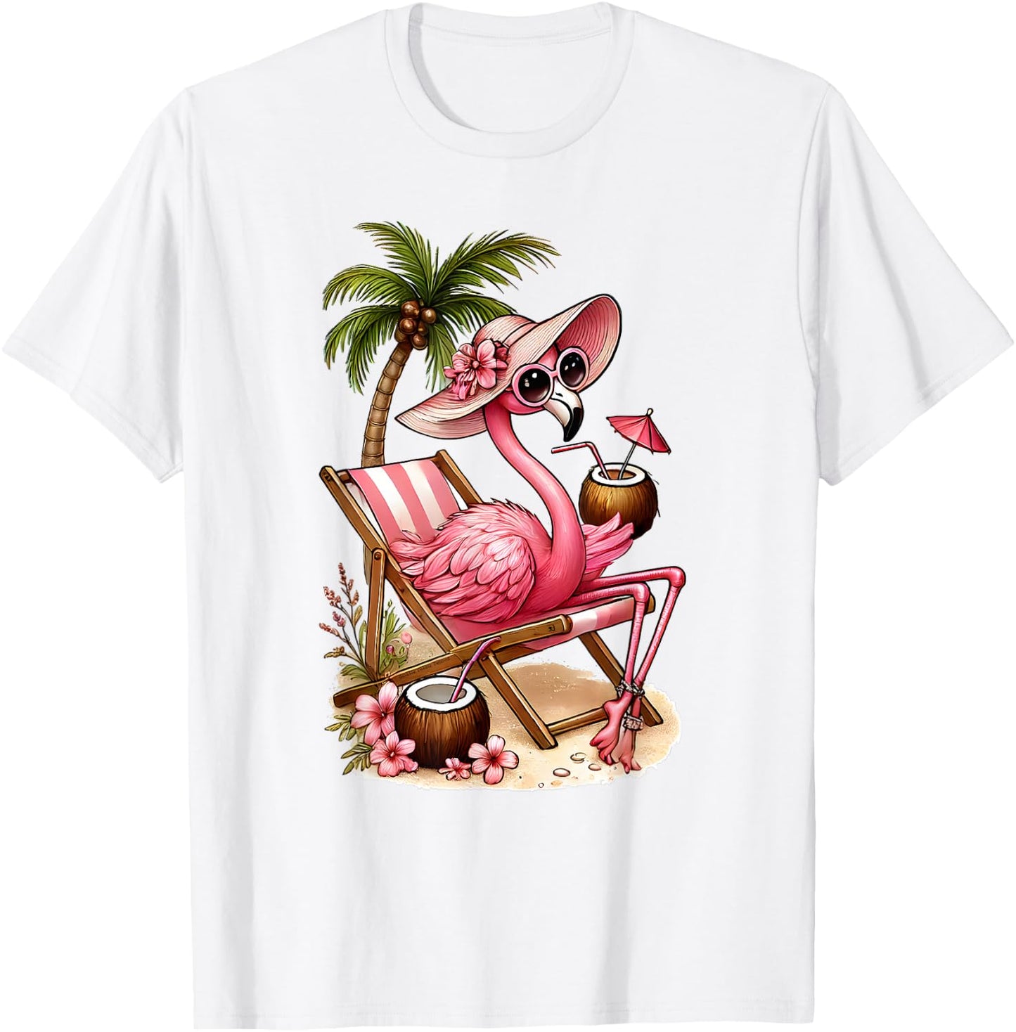 Women's Girls Pink Flamingo Beach Palm Tree Cute Flamingo T-Shirt - T-Shirt | White