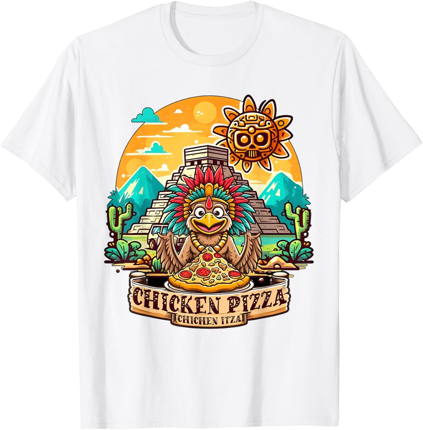 Chichen Itza Chicken Pizza Fun: Quirky Mexico Design T-Shirt - T-Shirt | White