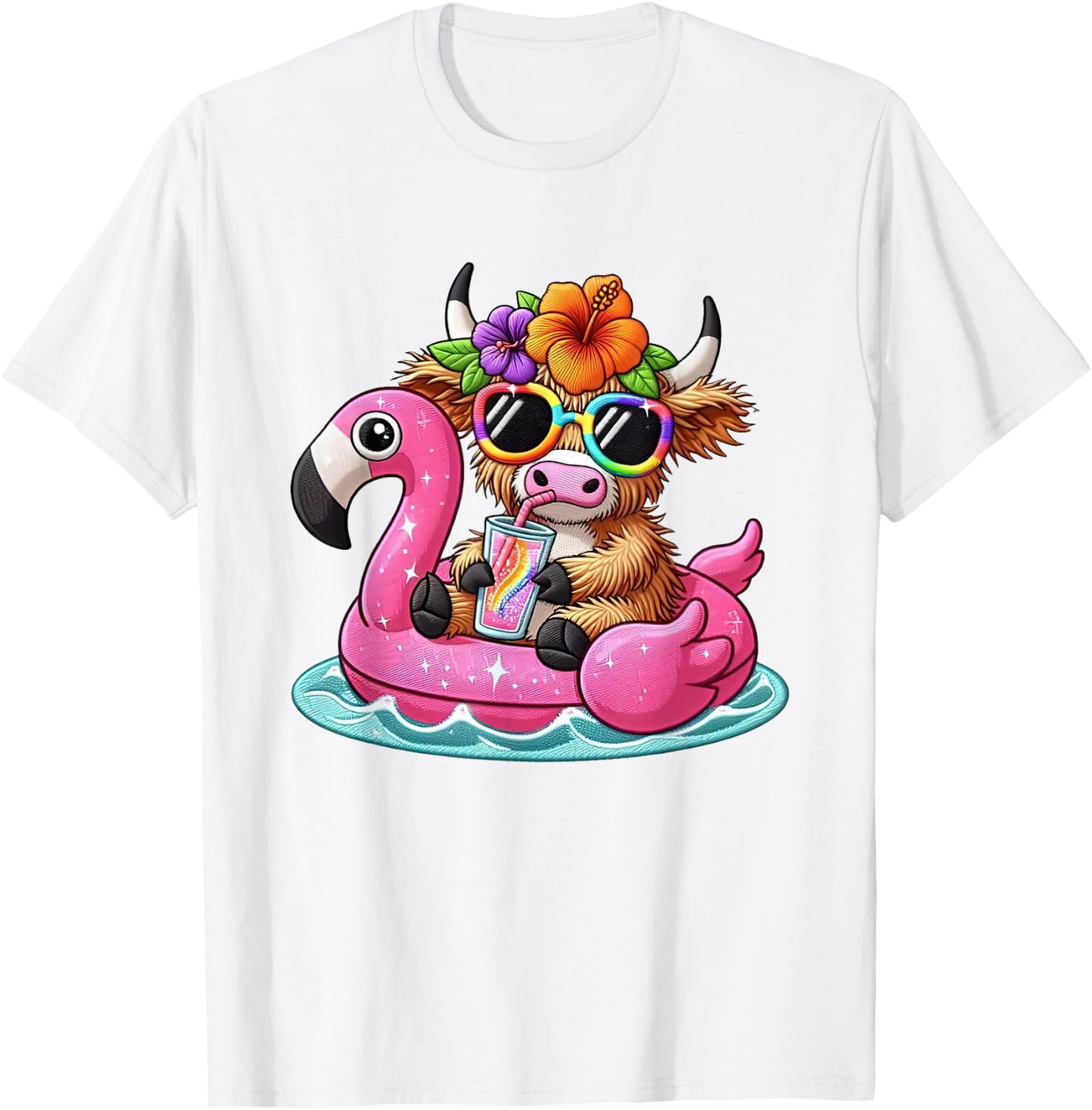 Beach Vibes Sweet Summer Cute Highland Cow Flamingo Float Women Girls Kids T-Shirt - T-Shirt | White
