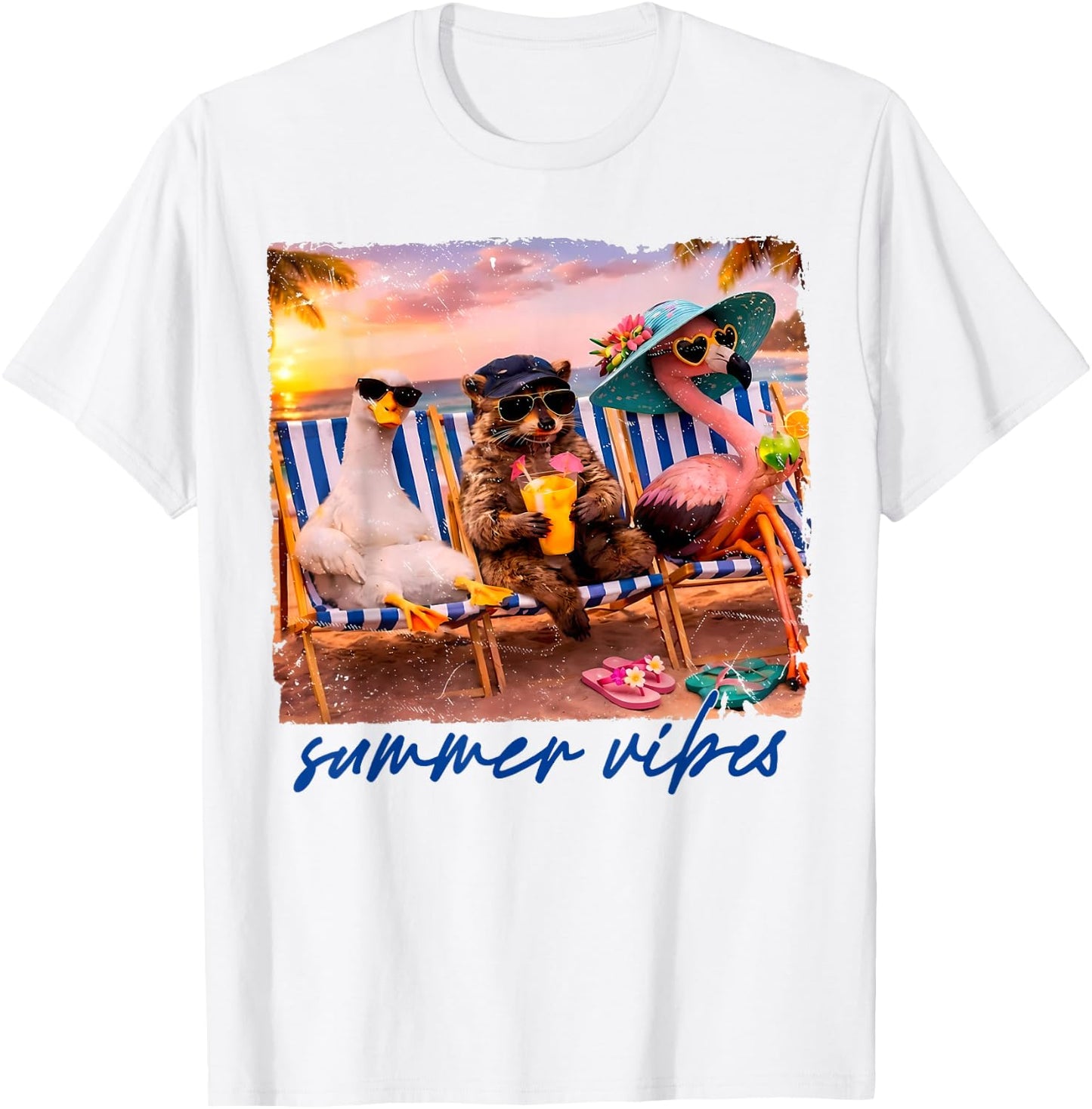 Goose Raccoon Flamingo Summer Vibes Tropical Beach Sunset T-Shirt - T-Shirt | White