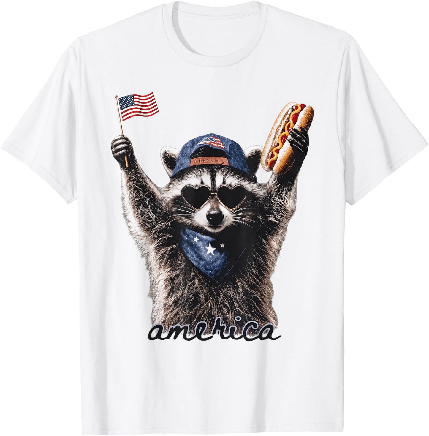 Patriotic Raccoon Flag n Hotdog 4th of July America T-Shirt - T-Shirt | White