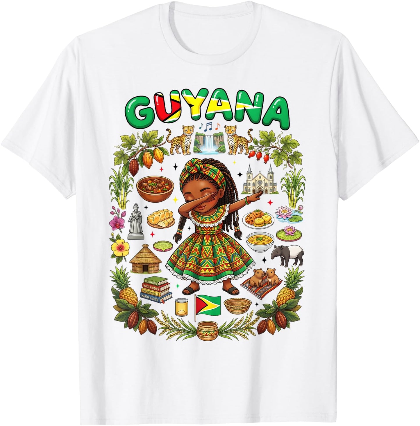 Dabbing Guyana Girl Flag Dress Kaieteur Falls Jaguar Pride T-Shirt - T-Shirt | White
