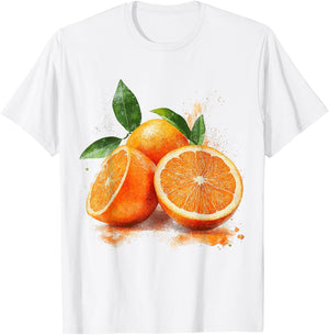Orange Fruit Motif Watercolour Artwork Orange , White T-Shirt - T-Shirt | White