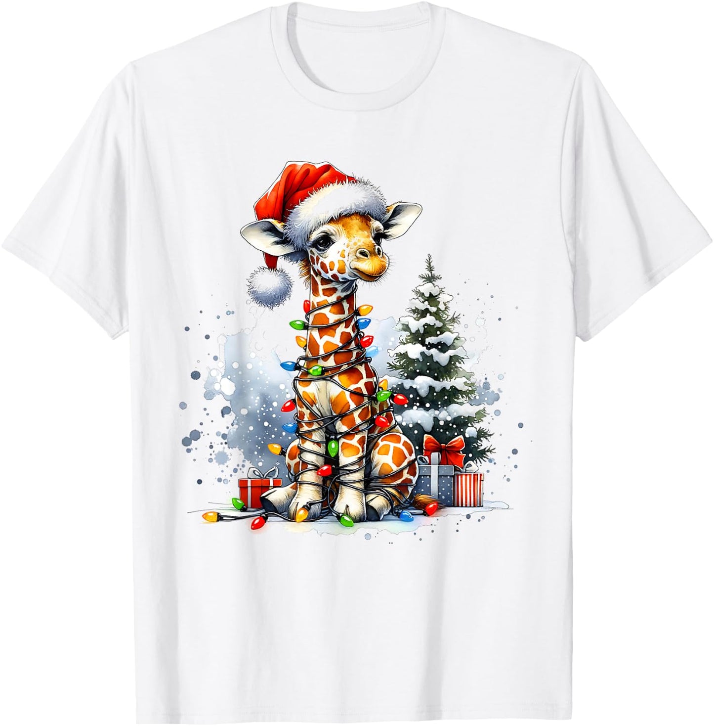 Cute Festive Giraffe Santa Hat Christmas Lights Snow Winter T-Shirt - T-Shirt | White
