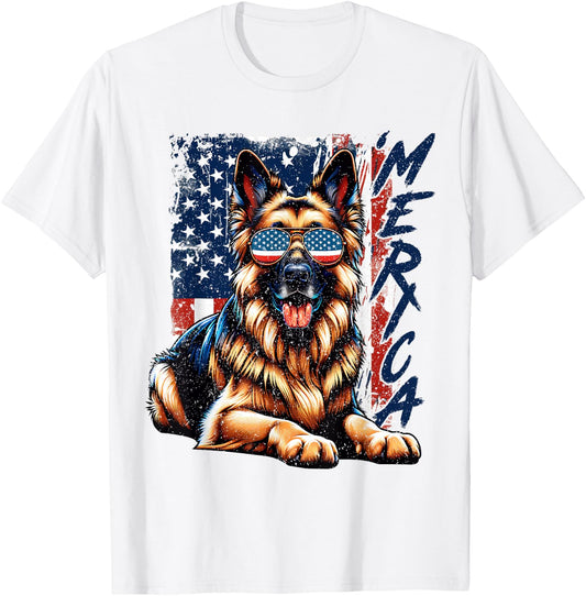 'Merica German Shepherd USA Flag Sunglasses Patriotic Pets T-Shirt - T-Shirt | White