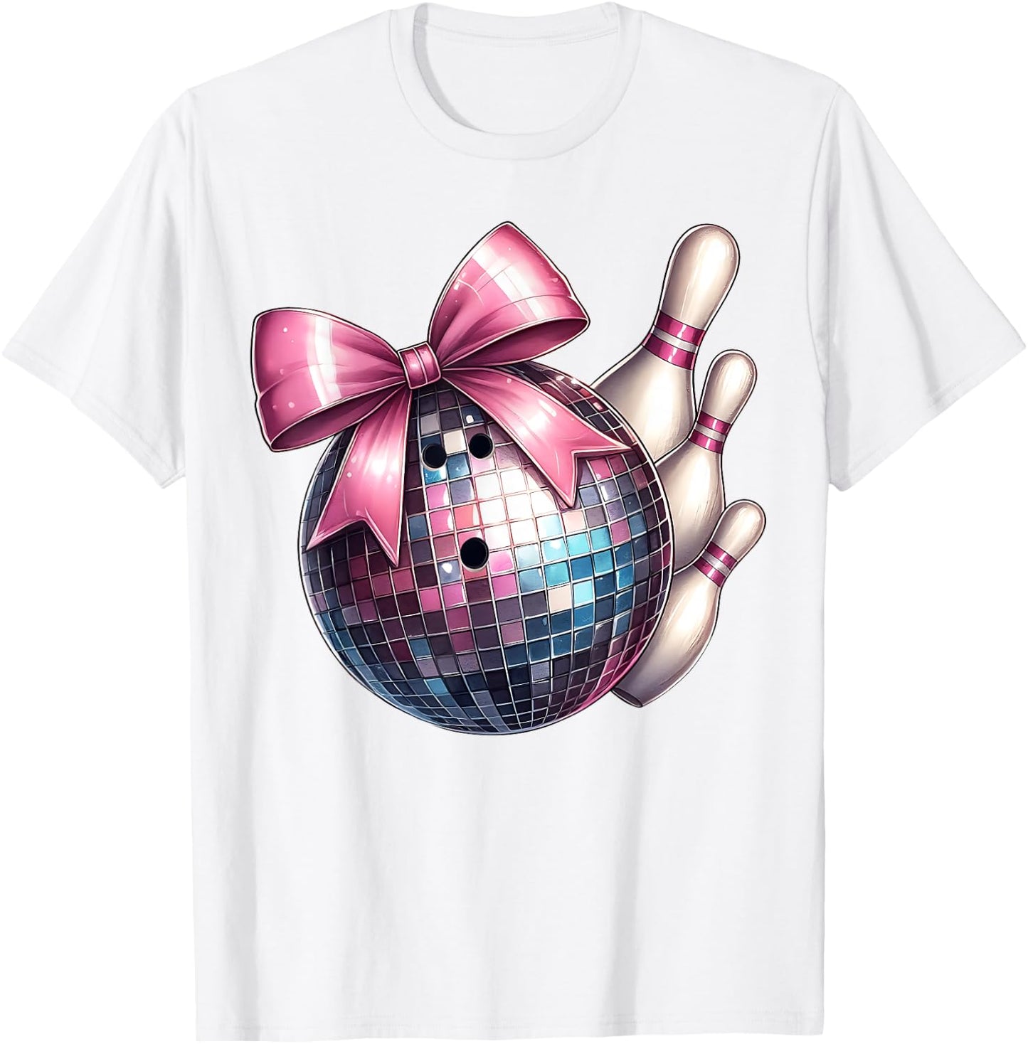Coquette Bow Bowling Ball Pins Checkered Disco Bowler Mom T-Shirt - T-Shirt | White