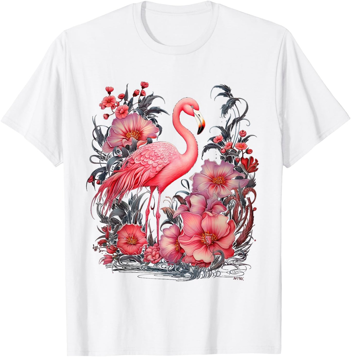 Flamingo and Flowers Floral Flamingos pink T-Shirt - T-Shirt | White