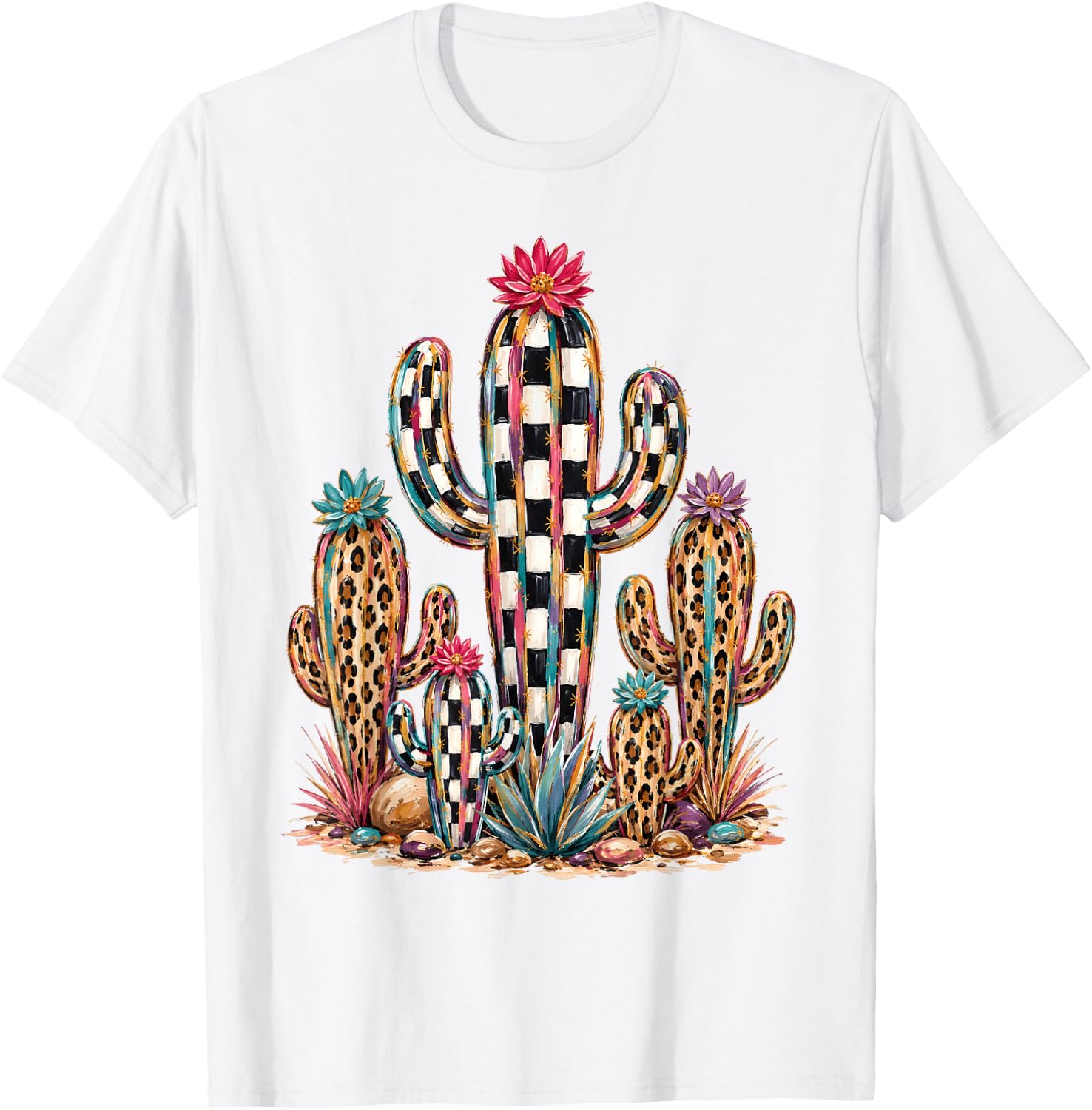 Leopard Checkerboard Cactus Western Desert Graphic T-Shirt - T-Shirt | White