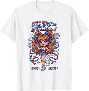 Y2K Red White Blue Bow Girl Celebration Artwork T-Shirt - T-Shirt | White
