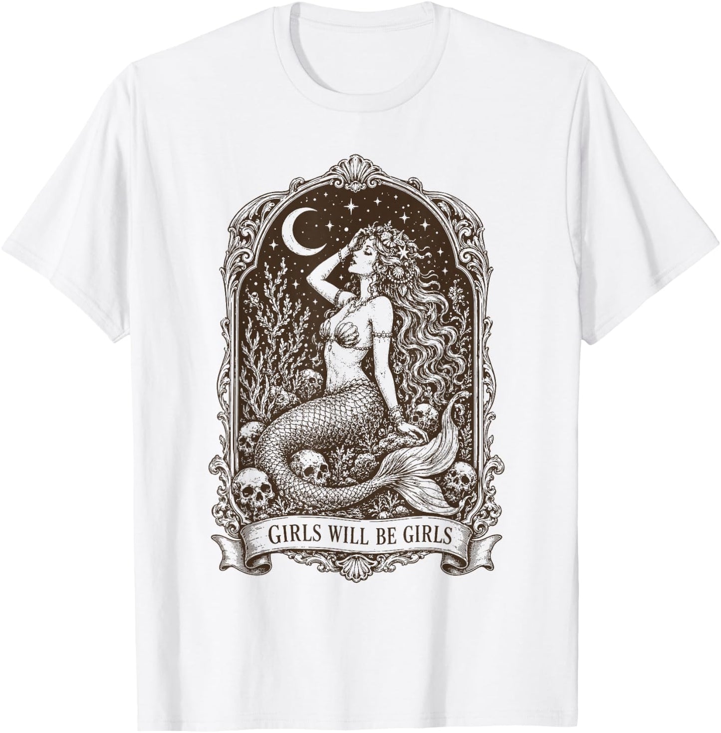 Retro Girls Will Be Girls Mermaid Skull Moon Stars T-Shirt - T-Shirt | White