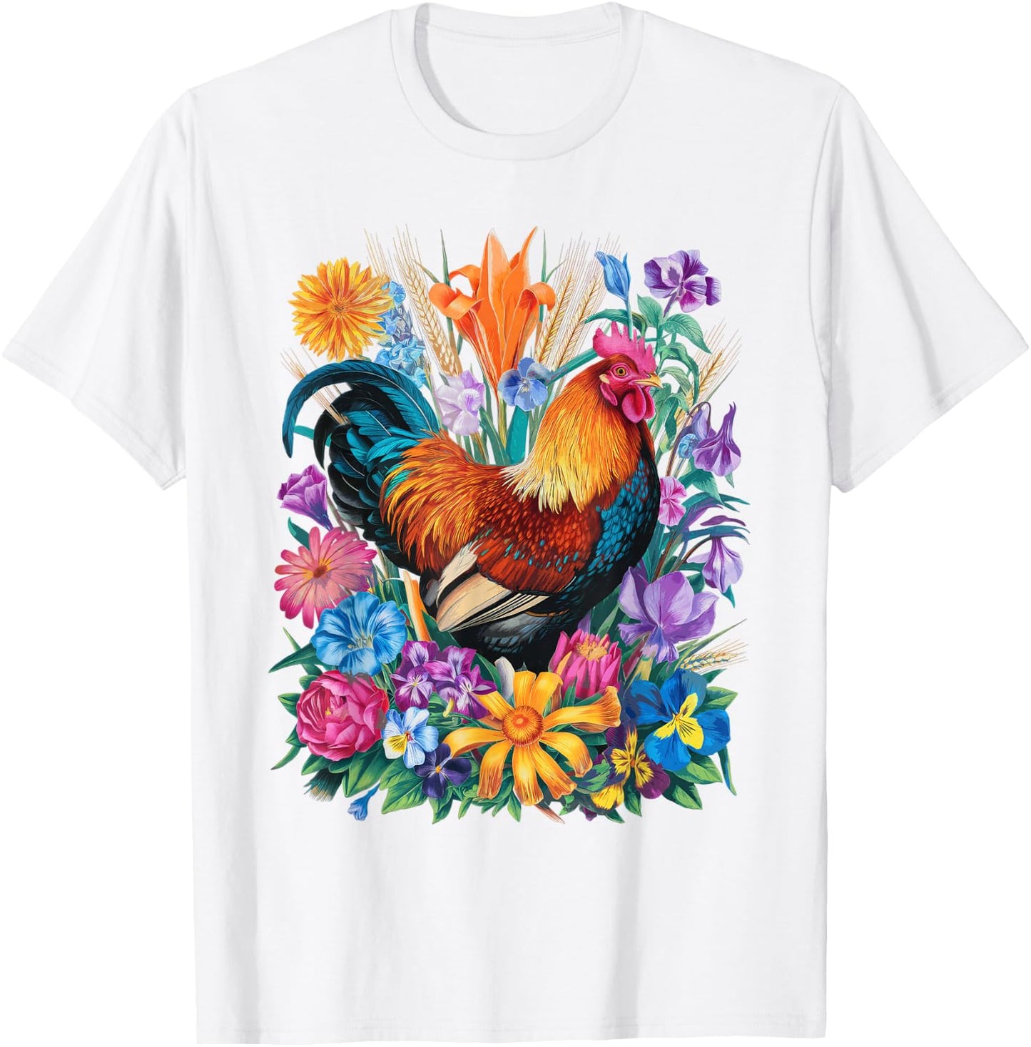 Chicken Floral Art Graphic Women Farm Chicken Lover Colorful T-Shirt - T-Shirt | White