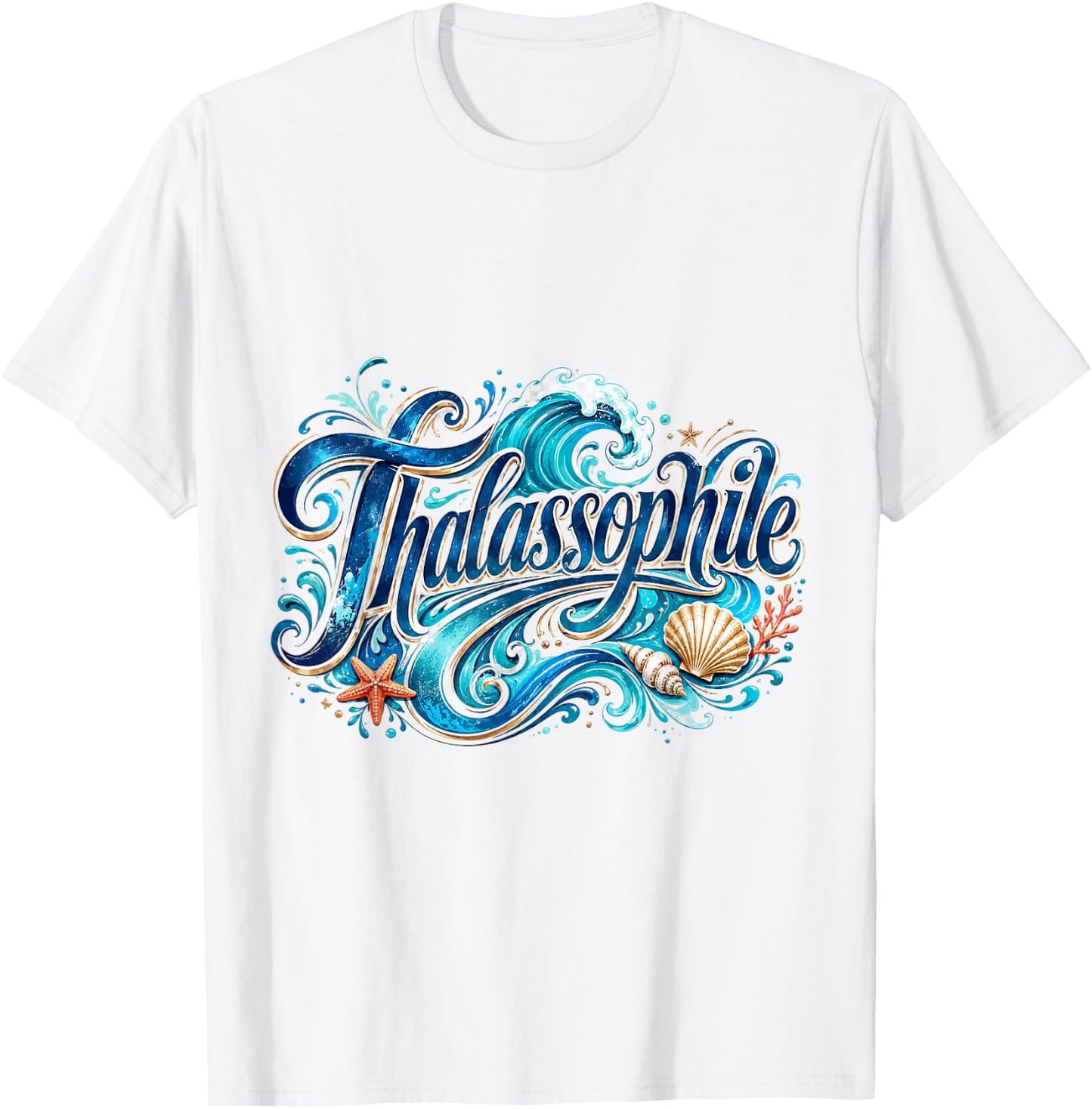 Thalassophile Sea Waves and Seashell Art T-Shirt - T-Shirt | White