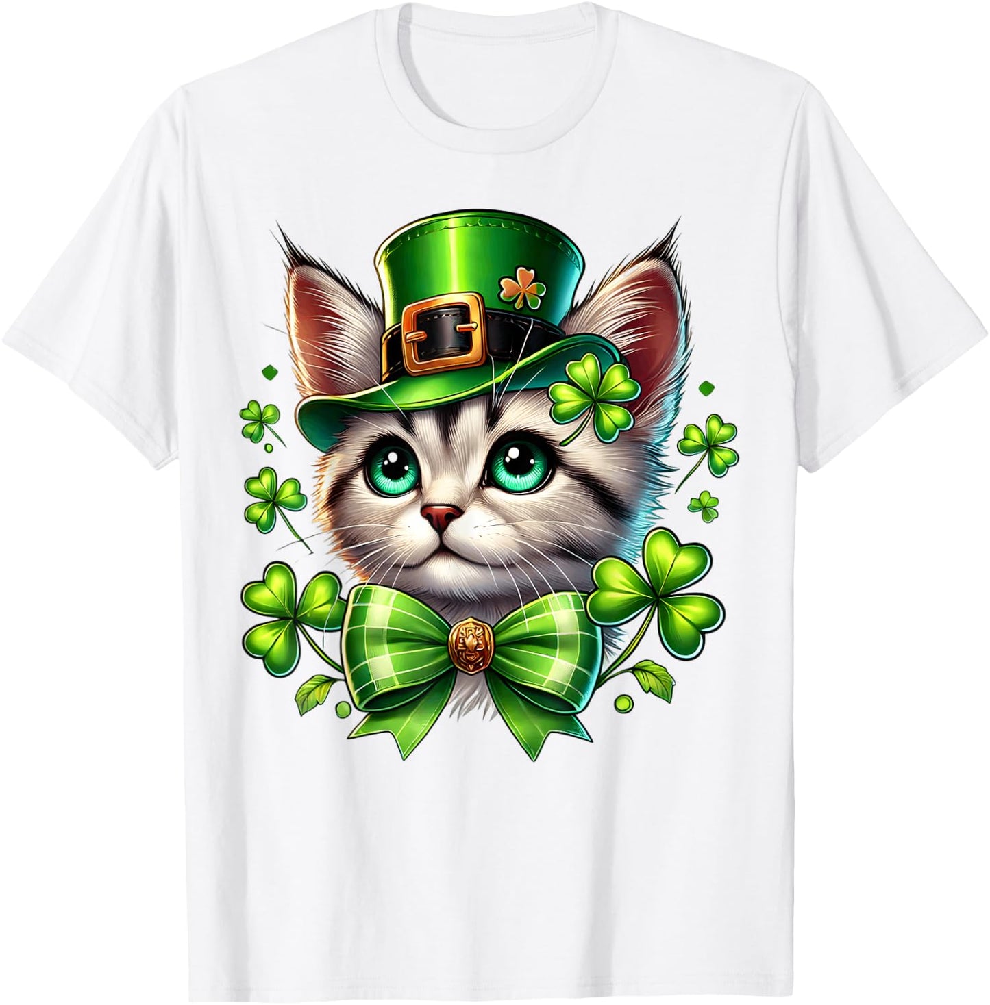 Leprechaun Cat St Patricks Day Coquette Bow Shamrock Graphic T-Shirt - T-Shirt | White