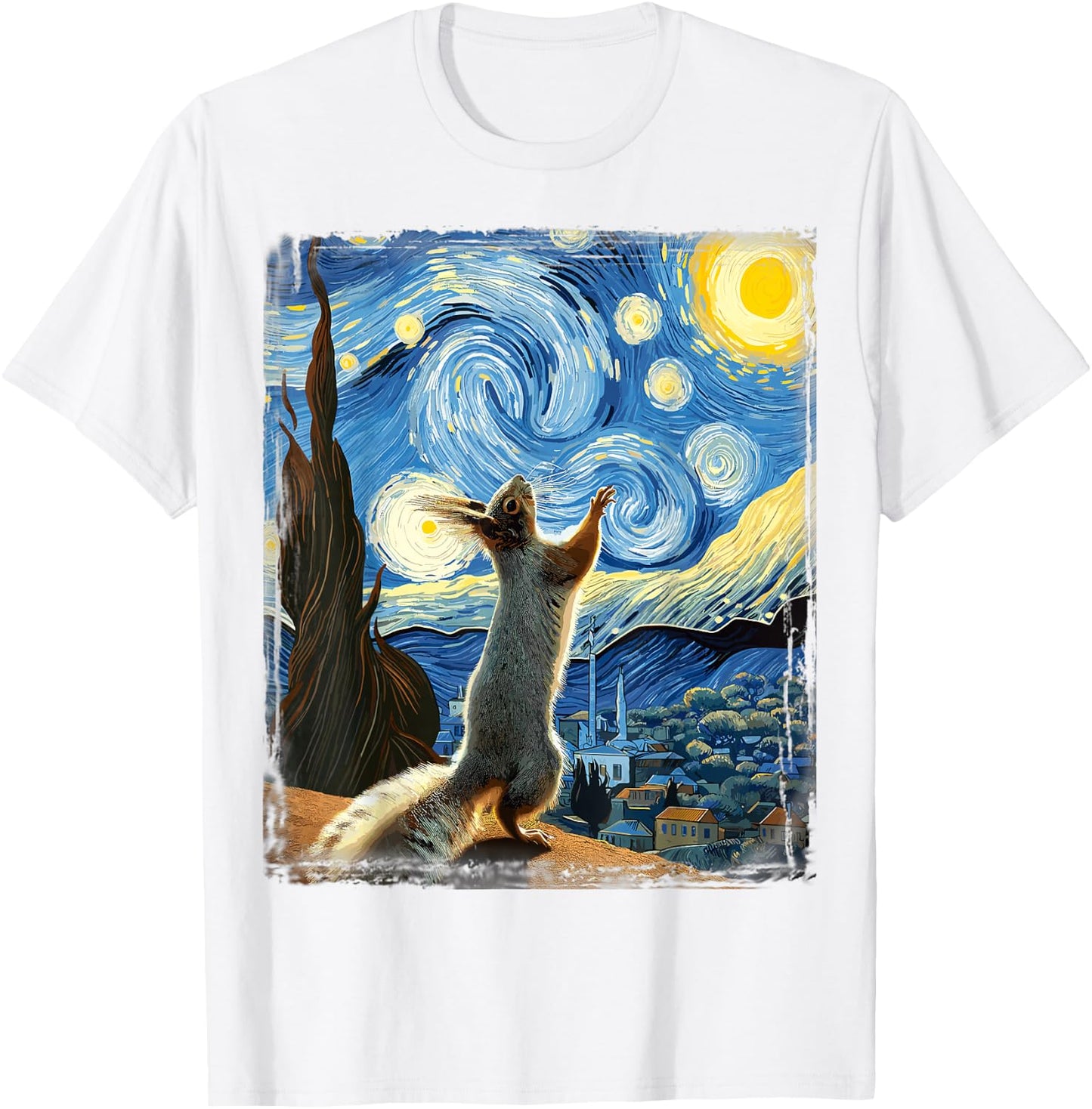 Van Gogh Style Starry Night Squirrel T-Shirt - T-Shirt | White